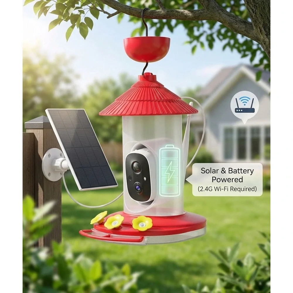 LongPlus Smart Hummingbird Feeder G01 Red Solar Powered Camera 20oz Ant Proof